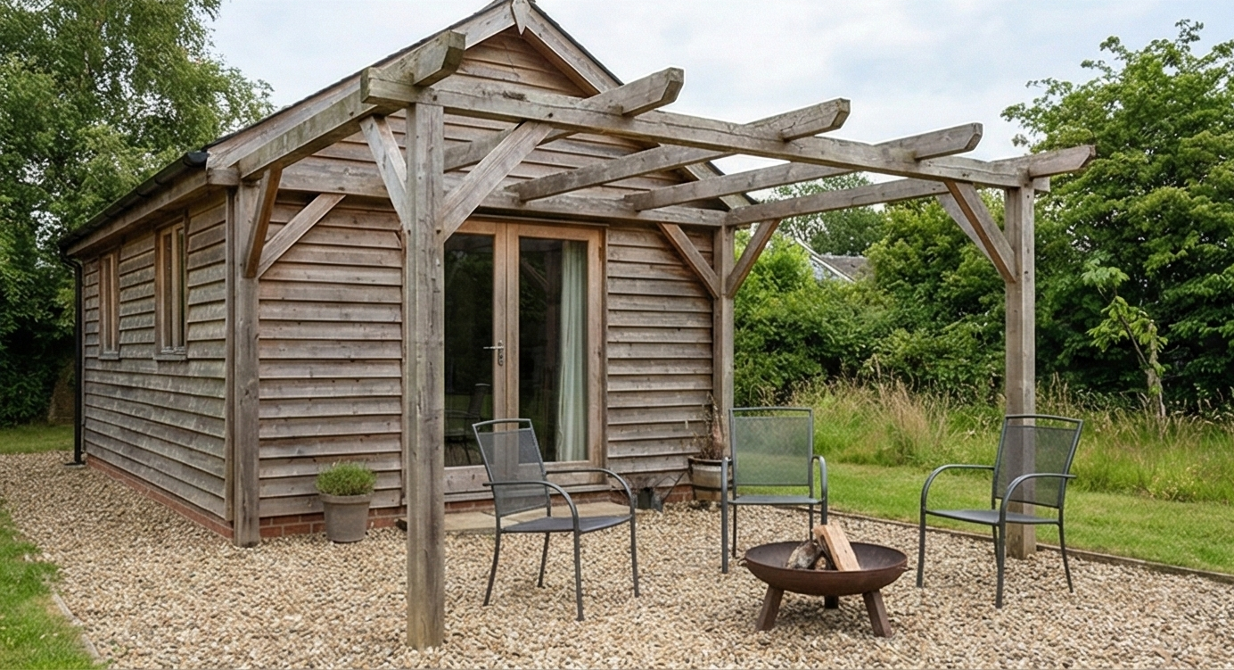 Strakke douglas veranda met plat dak en picknicktafel